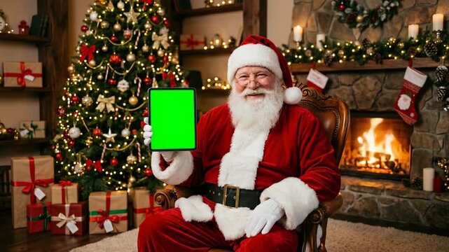 Santa Claus presenting a digital tablet with a green screen chroma key in a festive living room near a decorated tree