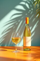 Naklejka premium Pale yellow wine sits in bottle and glass. Sunlight shines through palm leaf shadows. Orange table complements light blue wall. Refreshing aperitif.