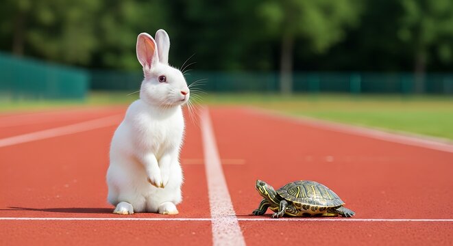 White rabbit and small turtle on red running track outdoors