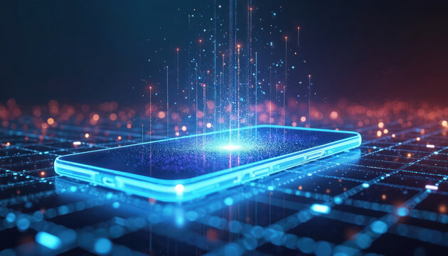 Glowing smartphone outline projects digital signals upwards. Futuristic device sits on grid floor. Abstract data streams rise with particle effects. New mobile tech interface.