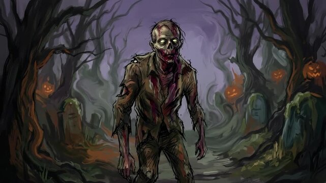 Scary undead zombie walking through a dark cemetery with carved pumpkins and twisted bare trees