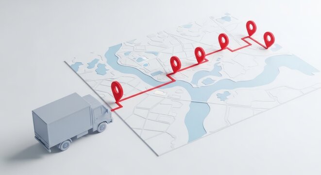 A truck navigates a route marked on a map with multiple location pins.
