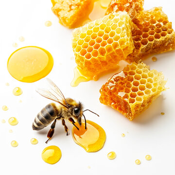 A bee stands beside honeycomb pieces with honey dripping, showcasing yellow and black colors, honey texture, and bee details on a pure white background.