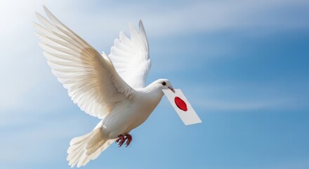 Fototapeta premium A white dove flies through a blue sky with a paper in its beak.