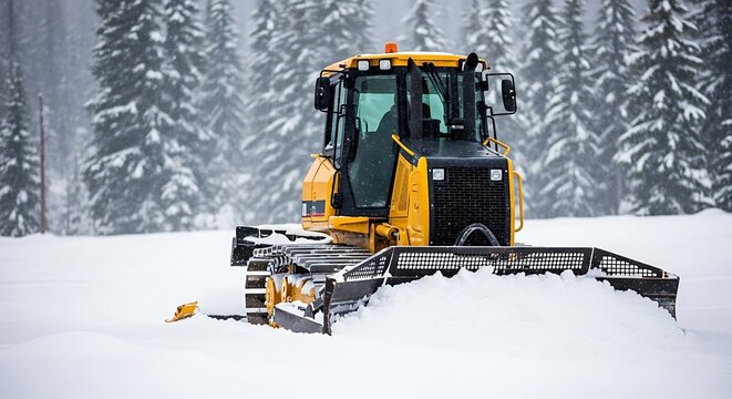Yellow snow groomer clearing deep snow in a forested winter landscape