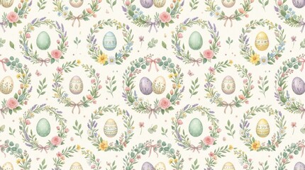 Fototapeta premium Floral Easter Egg Pattern with Wreath and Soft Pastel Colors