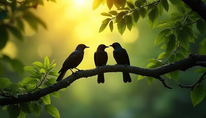Obraz premium Three black birds perch on a tree branch in rich green leaves. Golden sunlight filters through the foliage creating a soft, warm glow. This scene conveys peace and natural beauty.