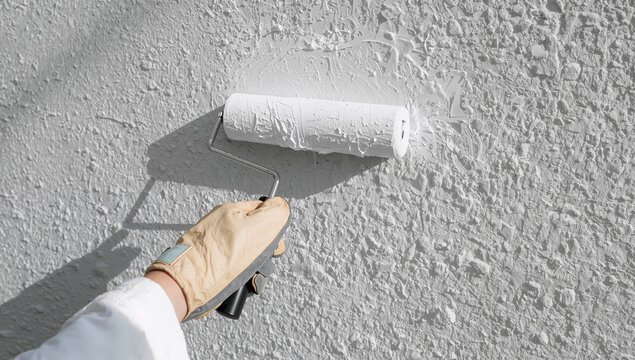 Applying white paint with a roller to a textured exterior wall, with a gloved hand and white sleeve visible
