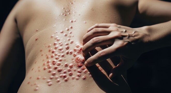 Person's torso with skin condition being touched by hand