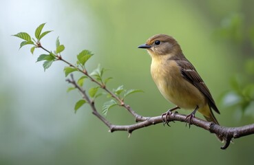 Obraz premium Small brown bird with yellow breast sits on tree branch. Tiny songbird rests on twig with green leaves. Wildlife watches attentively in soft focus.