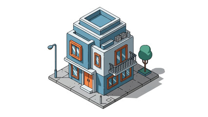 Obraz premium Blue Building with Orange Windows and Balcony.