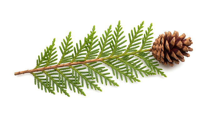 A pine cone and a sprig of evergreen isolated on white background
