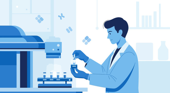 Scientist in lab coat conducts experiment with DNA sequencing machine and test tubes