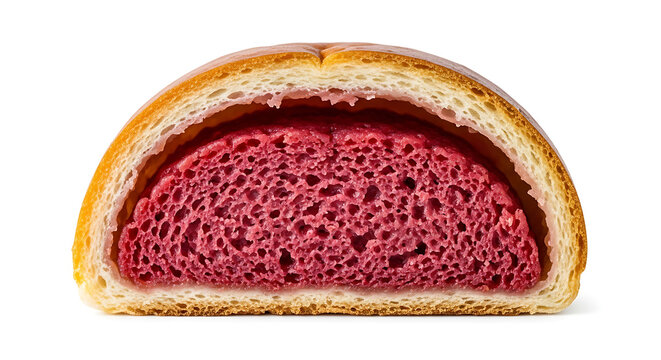 A cross-section of a bun with a red filling isolated on white background