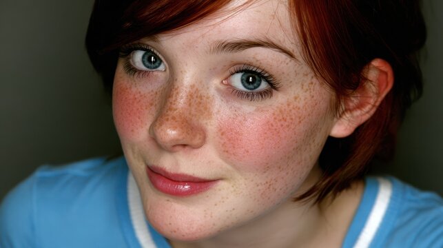 A girl with red hair and freckles is looking directly at the camera. She has blue eyes and is wearing a blue shirt. The setting is indoors with soft lighting