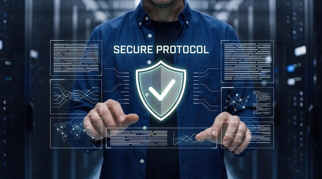 Secure protocol display on futuristic screen with data encryption, IT professional managing network safety in server room, digital shield technology for enterprise information