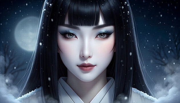 Beautiful and mysterious portrait of a Yuki-onna (Snow Woman) smiling on a snowy night. Japanese folklore.雪女