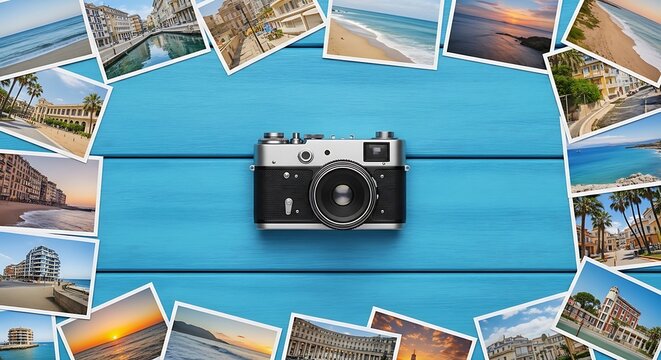 Vintage camera on blue wooden background surrounded by travel 1