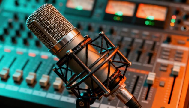 Professional microphone on a sound mixer in a studio setting with vibrant lighting.