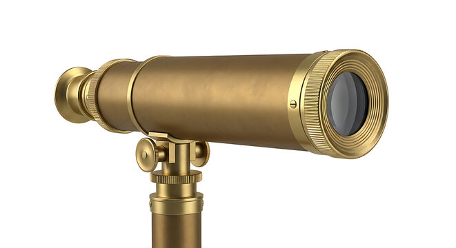 A gold telescope on a stand isolated on white background