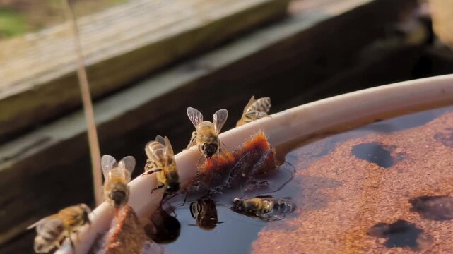 Slow motion close-up of honey bees drinking from a water feeder with cork floats, with colorful beehives in the background of a spring garden.