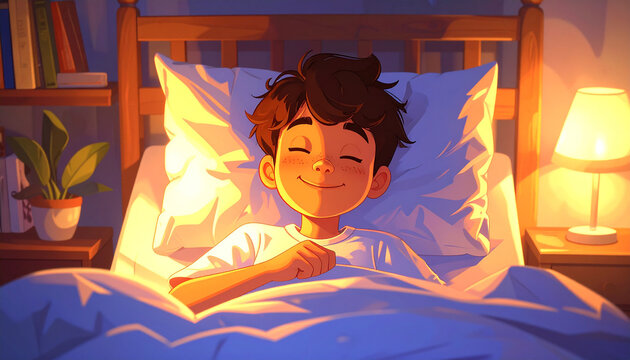 Illustration of a young boy sleeping peacefully in a bed bathed in warm lamp light. Cozy bedroom.
