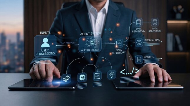 Concept of AI agent system processing user permissions and data repository integrations, businessman managing secure information architecture and reporting on multiple screens