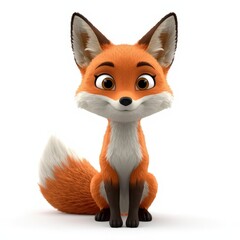 Fototapeta premium Cute cartoon fox with orange fur and white markings sitting on white background