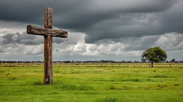 A wooden cross is placed in a grassy field under a cloudy sky. A small tree is seen a short distance away. This scene captures a rural landscape with a somber mood