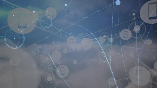 Animation of network of connections and data processing over cloudy sky