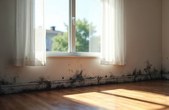 Dark mold grows on interior wall baseboards near a window with sunlight filtering through sheer curtains. Signs of moisture and potential home damage are evident.