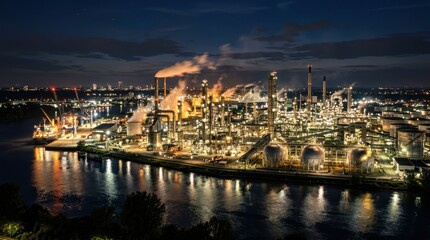 Fototapeta premium Nighttime Industrial Landscape with Smoke and Reflected Light