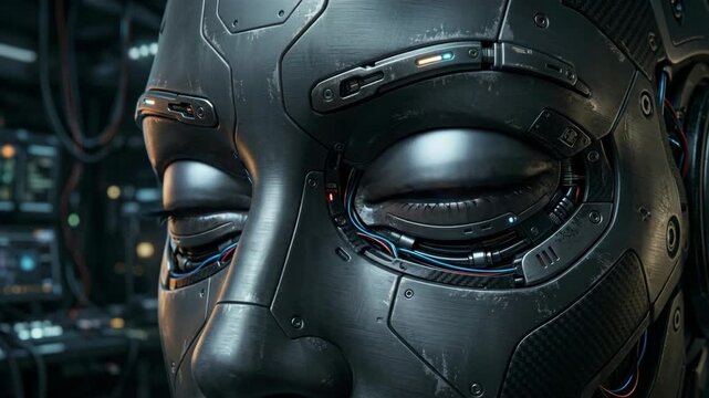Detailed close up of a metallic humanoid robot face with closed eyes in a futuristic laboratory setting