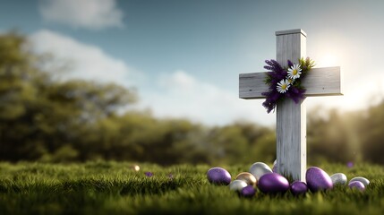 Obraz premium White wooden cross standing in grass surrounded by colorful Easter eggs