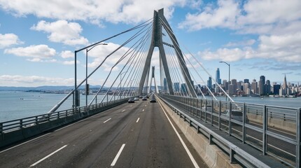 Fototapeta premium Scenic View of Suspension Bridge with City Skyline and Clouds