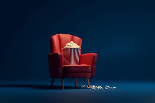 A red armchair sits against a dark blue background. A striped popcorn container is in the chair, with loose kernels scattered on the floor