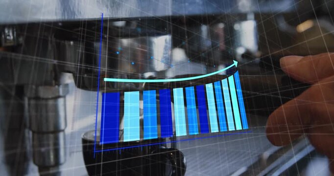 Animation of multicolored bar graph with arrow over cropped hands of barista preparing coffee