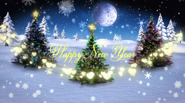 Animation of snowflakes falling over happy new year text against christmas tree on winter landscape