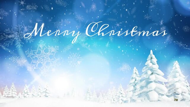 Animation of christmas greetings text and snow falling over winter scenery