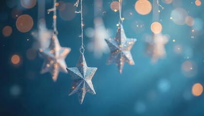 Fototapeta premium Blue background with hanging festive star ornaments. Sparkling light bokeh creates magical atmosphere. Perfect for winter holiday decoration, New Years celebration, or celestial theme.