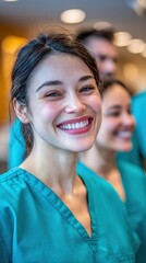 Fototapeta premium A group of medical staff members are wearing scrubs and smiling. They appear happy and engaged while interacting in a hospital setting. The atmosphere feels lively and energetic