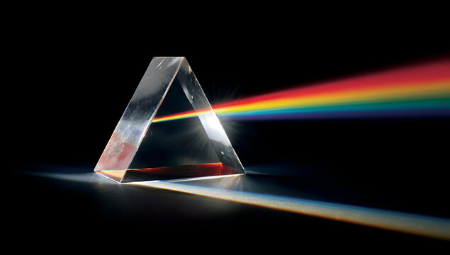A triangular prism refracts a beam of white light, dispersing it into a vibrant spectrum of colors. A spectrum is visible