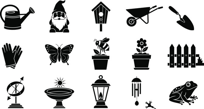 Black and white garden including gnome butterfly frog and gardening tools