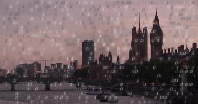 Animation of binary coding data processing over london cityscape