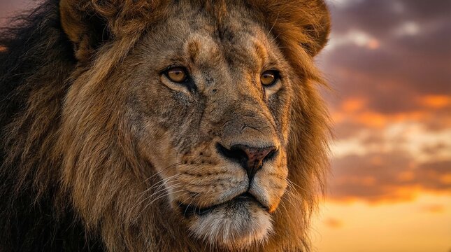 Detailed close-up of the face of a majestic adult male lion with warm lighting.