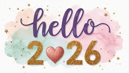 Fototapeta premium Celebratory hello to the year 2026 with glittering gold numbers and a pink heart graphic. Festive watercolor background with scattered stars offers a joyful and optimistic mood for new beginnings.