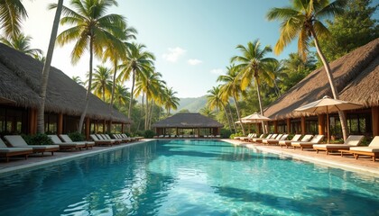 Fototapeta premium Long swimming pool at tropical resort with palm trees, thatched roof cabanas. Sun loungers arranged in rows beside clear blue water under sunny sky. Idyllic vacation paradise relaxation destination.
