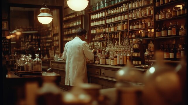 A pharmacist in a vintage apothecary is organizing numerous bottles and jars on wooden shelves in a dimly lit, old-fashioned pharmacy.