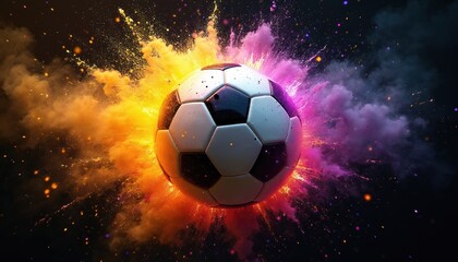 Naklejka premium Soccer ball explodes with bright orange yellow and purple powder clouds. Dynamic sport abstract graphic creates motion excitement and powerful energy burst effect. Festive celebration theme.