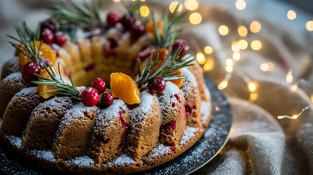 A rustic cranberry and orange wreath cake. Dusted with sparkling pearl dust and powdered sugar, like fresh snow, it's topped with candied rosemary sprigs, fresh cranberries, and caramelized orange sli